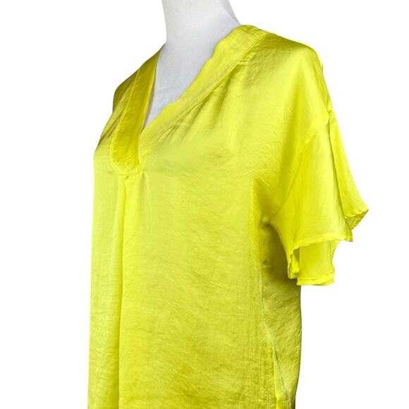 Ivy Jane Bright Neon Yellow Satin V-neck Flutter Short Sleeve Blouse - Picture 8 of 13